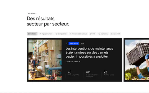 Raneo use cases section: industry tab bar above a carousel of dark case-study cards with photos, headlines and three result metrics