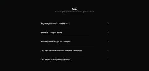 Raycast FAQ section: centered FAQs heading above a five-question collapsed accordion on a near-black background