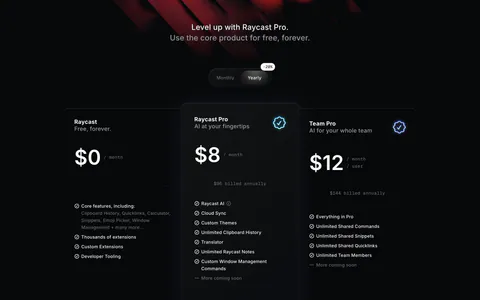 Raycast pricing section: centered headline and monthly/yearly toggle above three dark plan cards with prices and feature lists