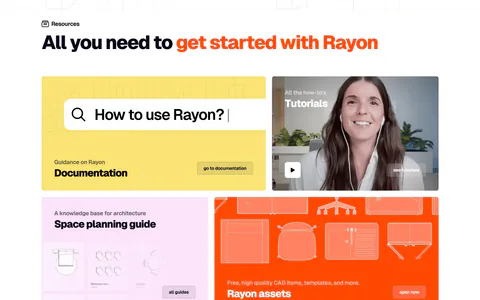 Rayon blog & resources section: headline above a four-tile bento of yellow docs, video tutorial, pink guide and orange assets cards