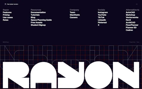 Rayon footer section: five link columns on deep navy above a giant white Rayon wordmark set over an orange construction grid