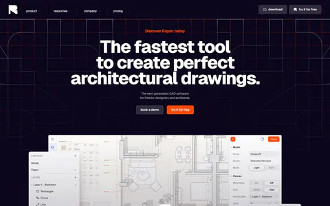 Rayon hero section: centered bold headline and two buttons on a dark navy grid above a CAD floor plan editor screenshot with play button