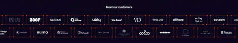 Rayon logo cloud section: small heading above two scrolling rows of white customer logos in orange dashed boxes on dark navy