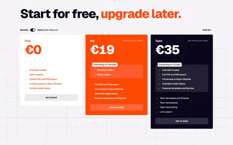 Rayon pricing section: large headline with orange accent, monthly/yearly toggle and white, orange and navy plan cards on a grid