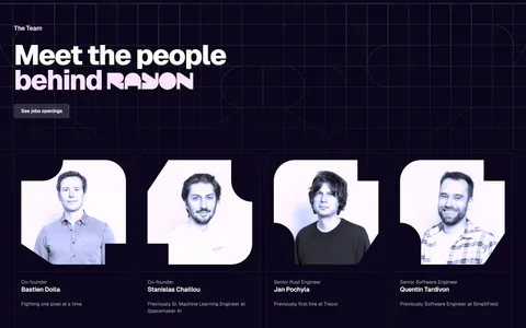Rayon team section: headline on a dark navy grid above two rows of four team member cards with tinted portrait photos