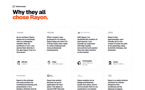 Rayon testimonials section: two-line headline above a grid of eight quote cards with company logos and avatar names