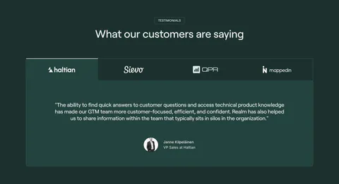 Realm testimonials section: centered headline above a logo tab bar and a single customer quote card on dark green