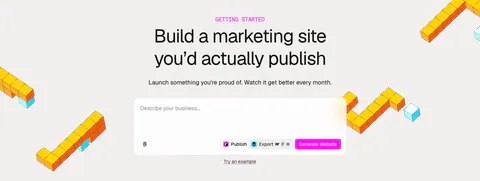 Relume call-to-action section: centered headline and AI prompt box with a pink Generate Website button, framed by yellow isometric voxel shapes