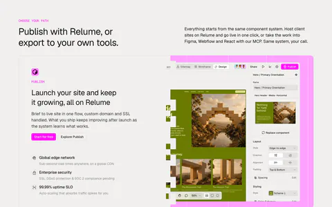 Relume features section: headline above two large cards alternating text and editor screenshots for Publish and Export on pink and blue grids