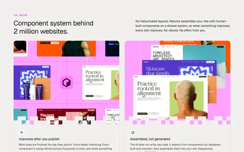 Relume features section: headline and intro copy above two cards with collages of website template mockups on a pink grid