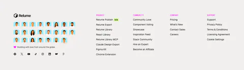 Relume footer section: logo above a grid of illustrated team avatars and social icons, with four link columns under pink labels