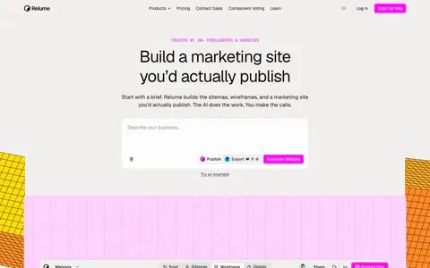 Relume hero section: centered headline and AI prompt box above a wireframe editor screenshot on a pink grid, flanked by yellow isometric blocks