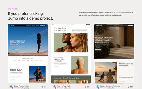 Relume other section: headline and intro above three cards previewing demo websites for coaching, yoga and residences with author credits