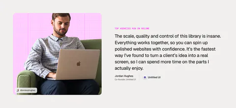 Relume testimonial section: photo of a man with a laptop on a pink grid card on the left, large quote with name and company on the right