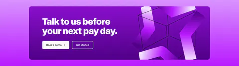 Remote call to action section: white headline and two buttons on a purple card with abstract 3D ribbon shapes on the right