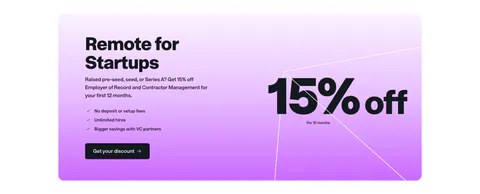 Remote call to action section: startup offer card with headline, checklist and button beside large 15% off text on purple gradient