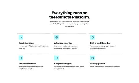 Remote features section: centered headline above a two-row grid of six features with cyan icon tiles on white