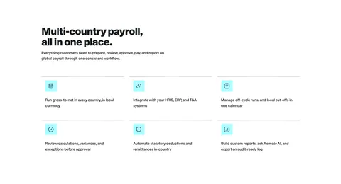 Remote features section: left-aligned headline above a six-item grid with cyan icon tiles and divider lines
