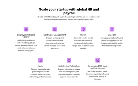 Remote features section: centered headline above seven product items with purple icons in rows of four and three