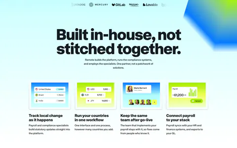 Remote features section: logo row, large centered headline and four cards with payroll UI mockups on cyan and lime