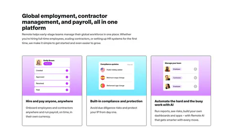 Remote features section: left-aligned headline above three cards with UI mockups on purple and cyan gradient tops