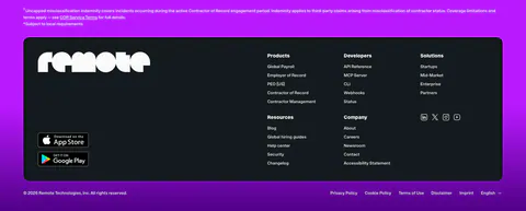 Remote footer section: dark rounded panel with Remote wordmark, app store badges and link columns on a purple background