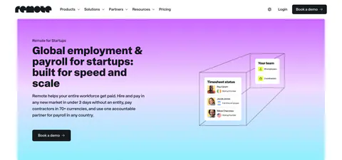 Remote hero section: nav above a purple-to-cyan gradient card with headline left and timesheet UI cards in a wireframe box