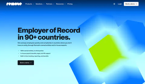 Remote hero section: nav, left headline with checklist and demo button beside blurred blue and lime 3D cubes on gradient