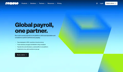 Remote hero section: nav, left headline with checklist and demo button beside a blurred blue and lime 3D cube on gradient