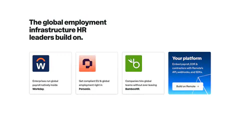 Remote integrations section: headline above Workday, Personio and BambooHR cards plus a blue Your platform card