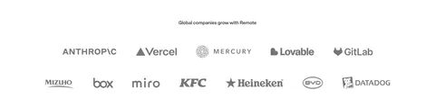 Remote logo cloud section: small centered caption above two rows of gray customer logos on white