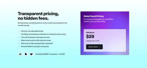 Remote pricing section: headline and checklist on the left beside a purple gradient Global Payroll price card on cyan