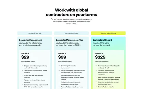 Remote pricing section: centered headline above three contractor plan cards in light cyan with a yellow-tinted highlight