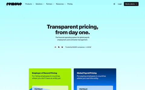 Remote pricing section: nav and centered headline above two plan cards, lime EOR and blue Global Payroll, on cyan gradient
