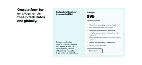 Remote pricing section: headline on the left beside a light cyan PEO plan card with price and feature checklist