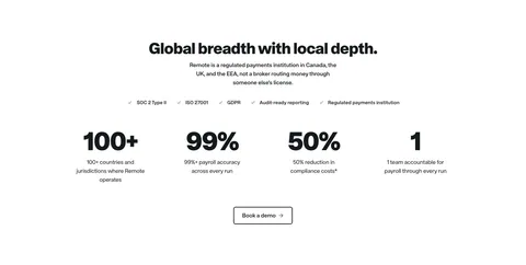 Remote stats section: centered headline, compliance checklist row, four large black metrics and an outlined demo button