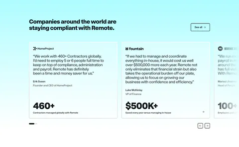 Remote testimonials section: headline and See all button above a carousel of quote cards with large metrics on cyan