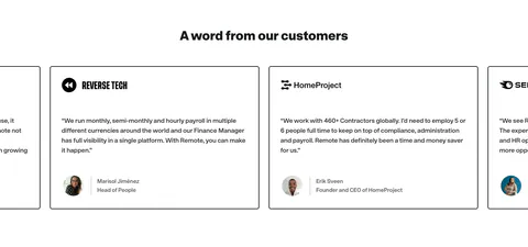 Remote testimonials section: centered heading above a carousel of bordered quote cards with company logos and avatars