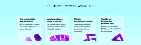 Remote value proposition section: faded logo row above four light cyan benefit cards with purple 3D shapes at the bottom