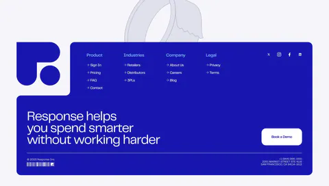 Response footer section: royal blue panel with logo, link columns, large statement and Book a Demo button, tape line art above