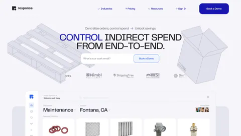 Response hero section: centered uppercase headline with email field, logo row and isometric line drawings above a procurement app UI