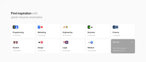 Rezi blog & resources section: two-row grid of resume example category cards with company logos and a gray view-all tile