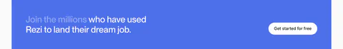 Rezi call to action section: blue full-width band with a two-tone headline on the left and a white pill button on the right