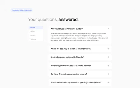Rezi FAQ section: two-tone headline above a side tab list and an accordion of question cards with one expanded answer