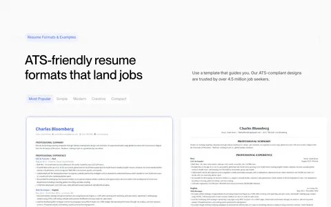Rezi features section: resume template gallery with style tabs, two resume previews in a slider with arrows and a rated description
