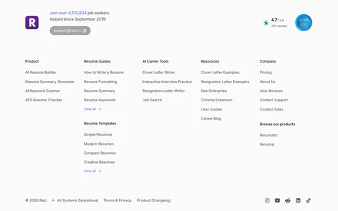 Rezi footer section: logo with user count and support email, five link columns, rating and SOC badge, copyright and social icons