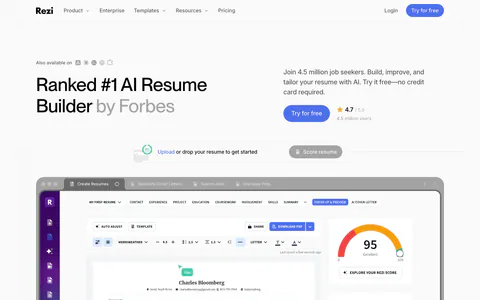 Rezi hero section: left headline with copy and CTA at right, resume upload bar, and a large resume editor screenshot below