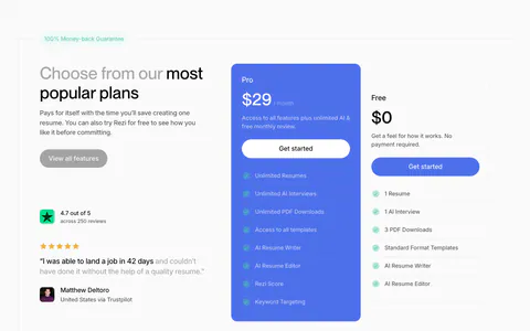 Rezi pricing section: headline and Trustpilot quote on the left, blue Pro plan card and white Free plan card with checklists at right