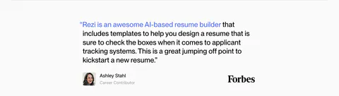 Rezi testimonials section: single Forbes quote with a blue highlighted lead-in, author avatar and Forbes wordmark on light gray
