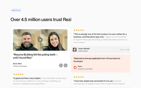 Rezi testimonials section: two-column review wall with a video testimonial card, star-rated quote cards and a peach Reddit quote